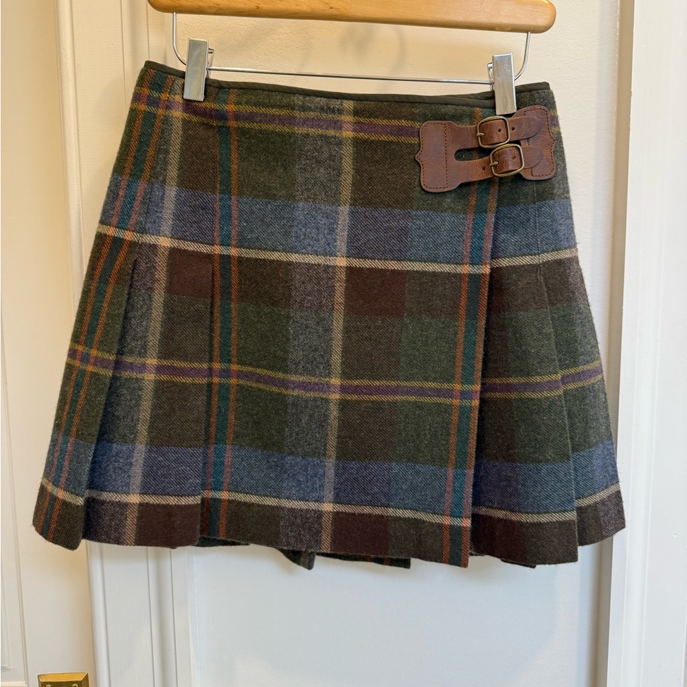 Ralph Lauren Plaid Wool Skirt with Leather Buckle Detail